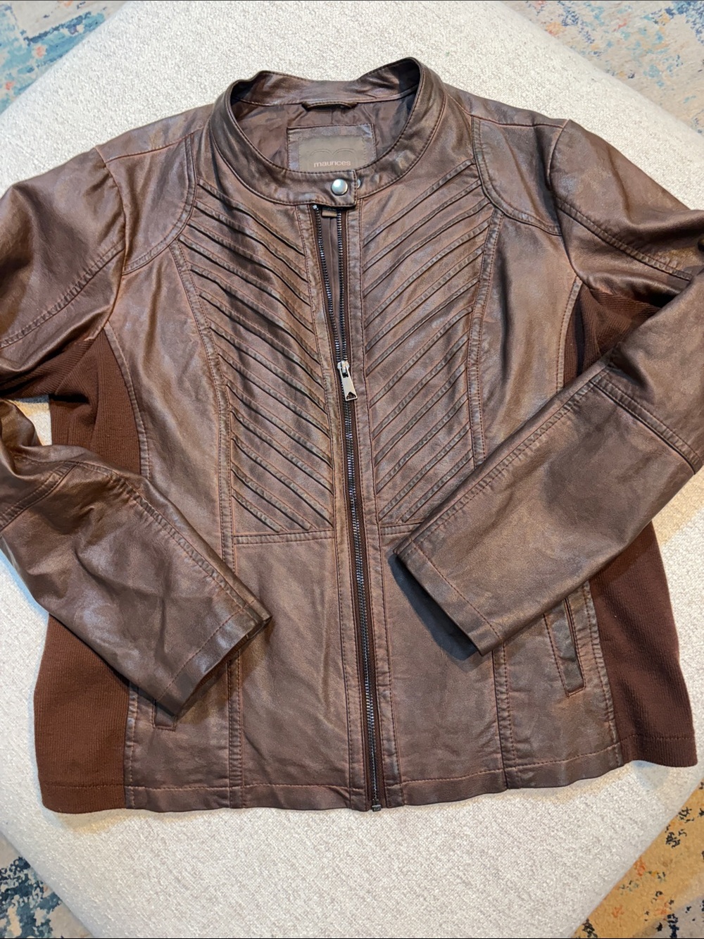 Maurices Brown Faux Leather Chevron-Panel Zip Jacket